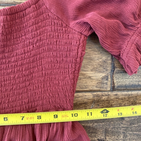 Abercrombie & Fitch Smocked Puff Sleeve Tiered Midi Dress Small Burgundy - Picture 9 of 10